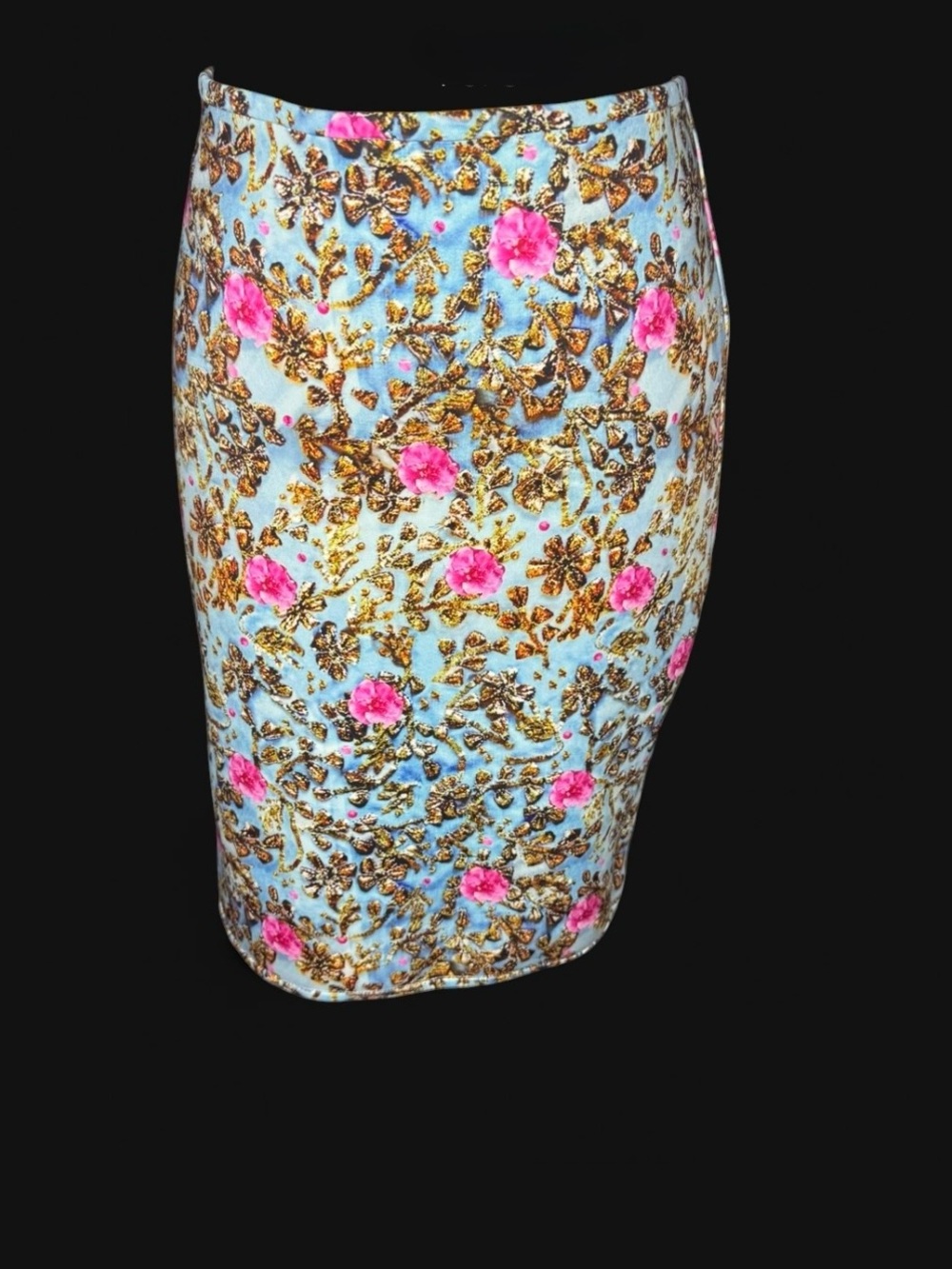 Cynthia Rowley Pink Floral & Gold pattern Pencil Skirt darts in back zipper